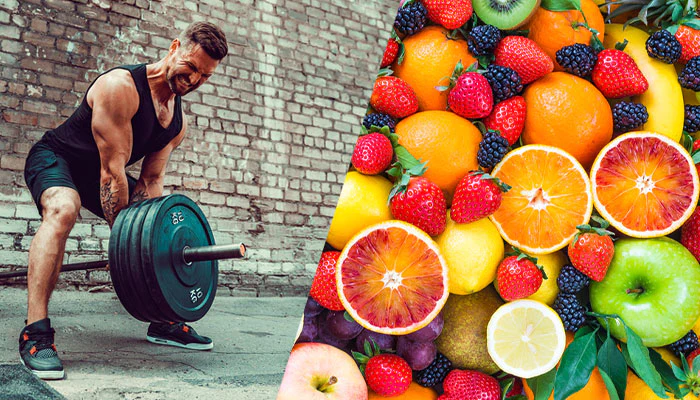 fruits and guy lifting weight